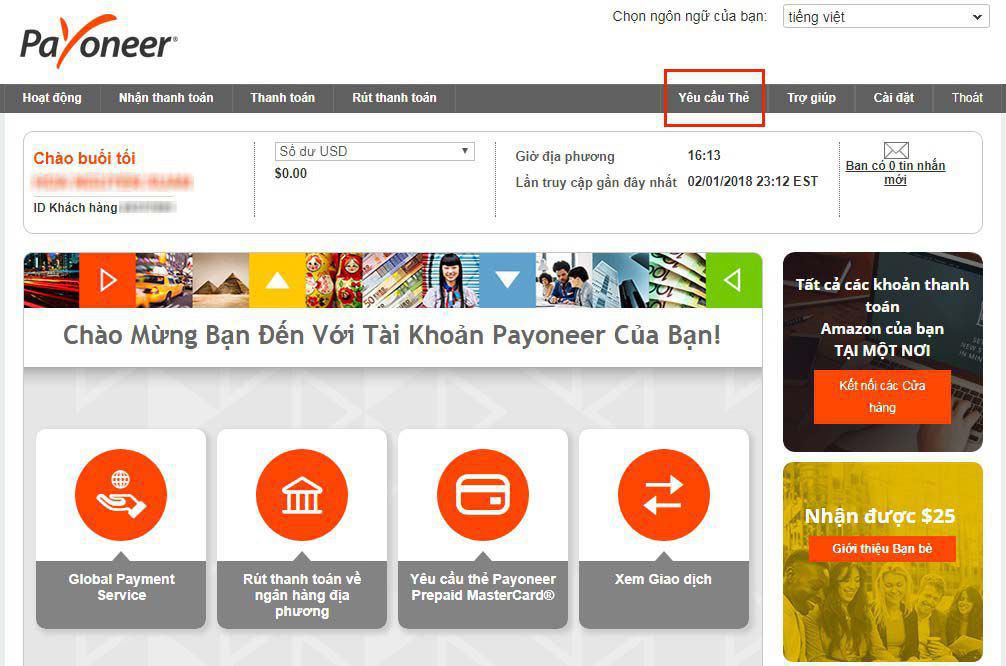 Cách đăng ký thẻ Payoneer MasterCard