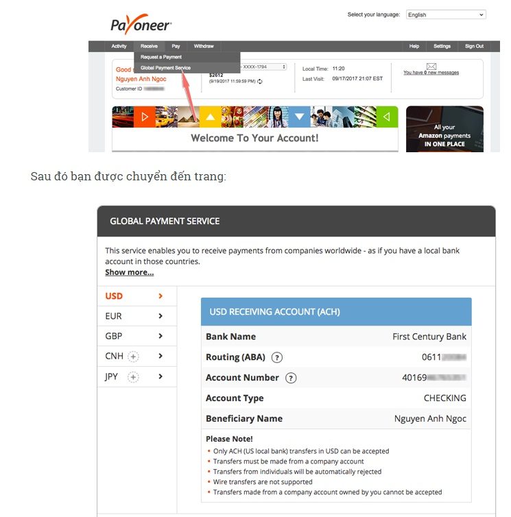 Cách lấy thông tin tài khoản để nhận tiền về Payoneer
