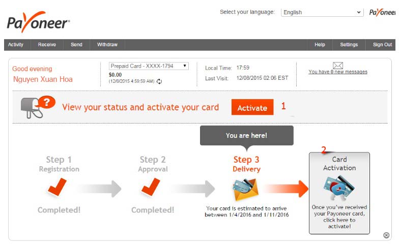 Hướng dẫn kích hoạt thẻ Payoneer Mastercard
